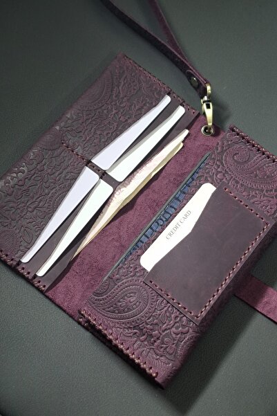 MAT Deri Purple Genuine Leather Phone Wallet Handmade Long Wallet with Wrist ...