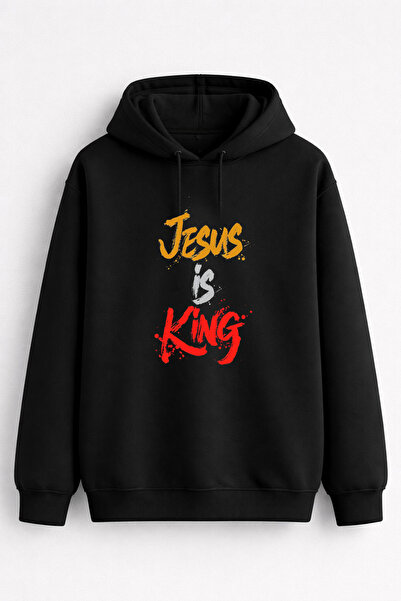 AYDESİGN Jesus Is King Printed Men's Women's Children's Hooded Black Sweatshirt