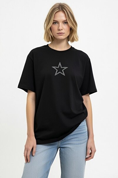 Jooy Women's Star Stone Printed Black T-Shirt