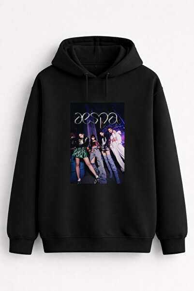 AYDESİGN Aespa Music Group Printed Men's Women's Children's Hooded Black Swea...
