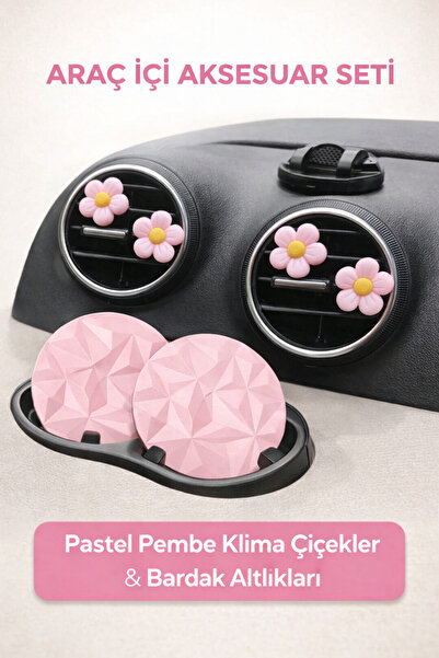 Çiçek Antalya مجموعة إكسسوارات داخل السيارة باللون الوردي الباستيل - مجموعة م...