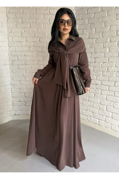 moneta boutique Women's Shawl Detailed Design Belted Shirt Dress