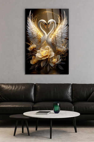 TAULART Premium Non-Scratching Glass Table |   Double Swan & Golden Flower De...