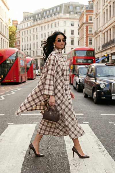 Lela Plaid Cotton Oversize Fit Scarf Collar Poncho Poncho 6925472