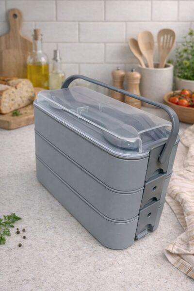 BZK 3 KATLI KAPAKLI BESLENME KUTUSU ÇATAL KAŞIKLI LUNCH BOX BESLENME KABI YEŞİL
