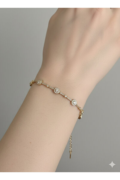 Butik 316L Çelik Gold Yuvarlak Zirkon Taşlı Işıltılı İnce Bileklik - Kararmaz...