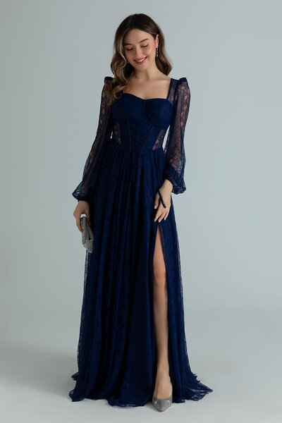 zoezoe Daliya-Ekstra Dar Klalıp Dantelli Balon Kol Korseli Önü Yırtmaçlı Abiye