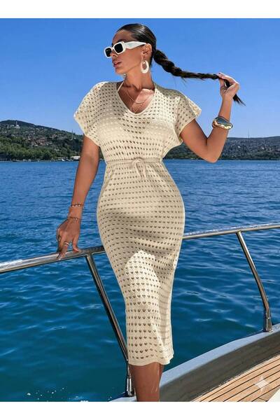 SHEZAN MODA Kadın Bej V Yaka Triko Midi Yazlık Plaj Elbise BB-2004704
