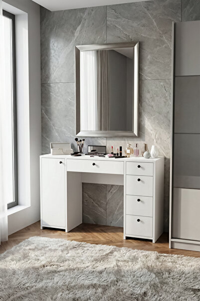 BAGAX WHITE Dolaplı ve Çok Çekmeceli Makyaj Masası – Raflı, Modern Beyaz Dresuar