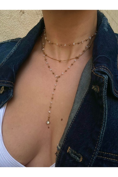 pop up store Paslanmaz Çelik Kristal Taşlı Üçlü Kolye