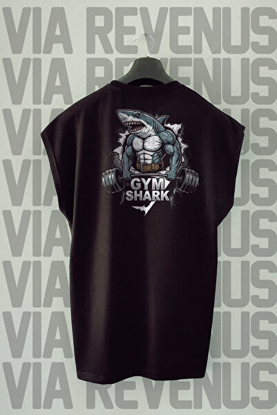 Vordevia Gym Shark Back Printed Zero Sleeve 100% Cotton Sports Tshirt