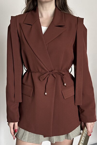 moda armanc Women's Belted Shoulder Detail Blazer Jacket - Casual Modern Design