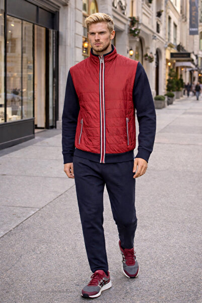 BESSA Red Tracksuit Set with Quilted Detail, Jacquard Fabric, Stand-Up Collar...