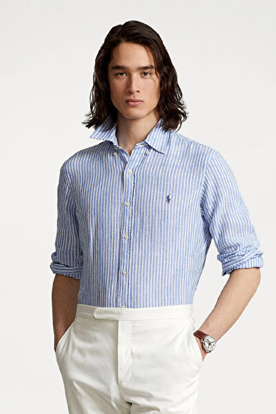Polo Ralph Lauren Mens Blue Striped Custom Fit Linen Shirt