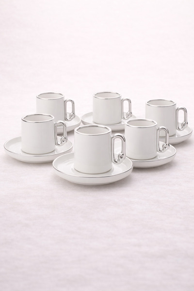 welcomein 6 Kişilik 12 Parça Silver Detaylı Porselen Türk Kahvesi Fincan Takı...