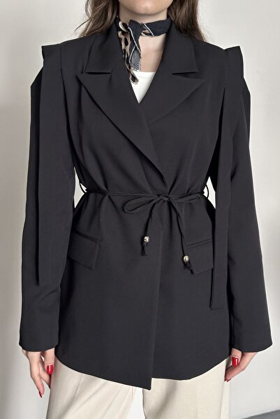 moda armanc Women's Belted Shoulder Detail Blazer Jacket - Casual Modern Design