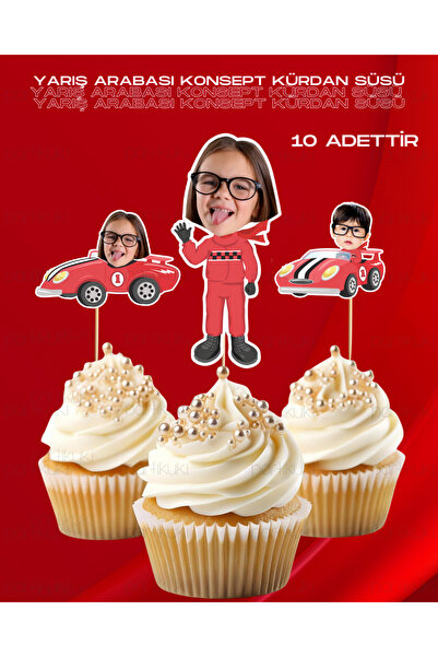 partikuki Kişiye Özel Fotoğraflı Yarış Arabası Temalı Cupcake Pasta Kürdan Sü...