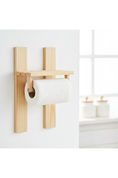 Ev dekka Doğal Ahşap Duvara Monte Raf - Baharatlık ve Kağıt Havluluk (35x25 c...
