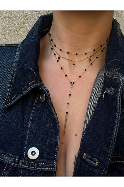 pop up store Siyah Kristal Taşlı Üçlü Paslanmaz Çelik Kolye