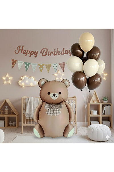 party world Kahverengi Ayıcık Folyo Balon Happy Birthday Banner Flama 10’lu L...