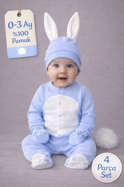 La Luna Baby Boy 4 Piece Blue Rabbit Jumpsuit 0-3 Months 100% Cotton