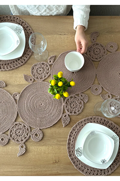 ESAHOME Makrome El Örgüsü Vizon 3 Parça Runner/Supla seti-Yemek Masası ve Kon...