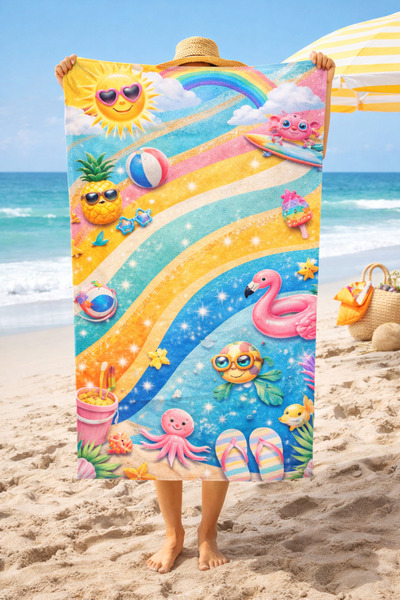 Piloji Girl's Rainbow & Cute Summer Themed Beach Towel 75X150 cm – Digital Pr...