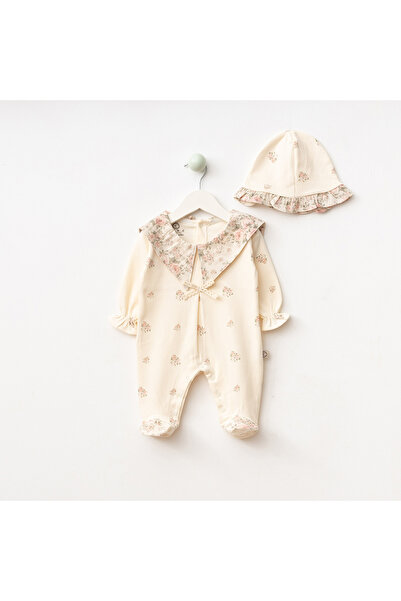 CFRA %100 Pamuklu OEKO-TEX Sertifikalı Kız Bebek Dantelli Tulum 0–6 Ay Krem Ekru