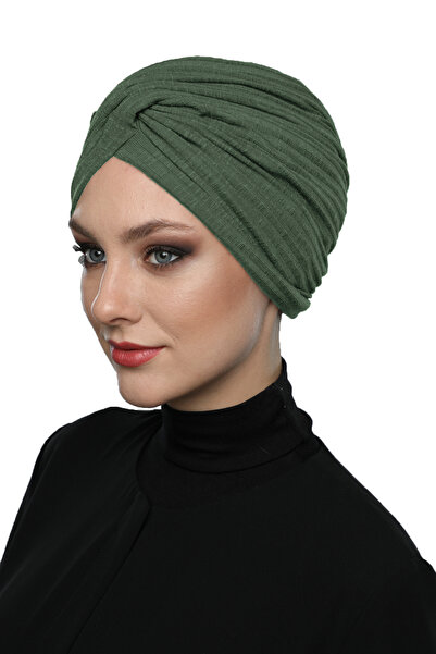 elysianfidan Cross Combed Cotton Lined Green Ready Turban Hijab Bonnet
