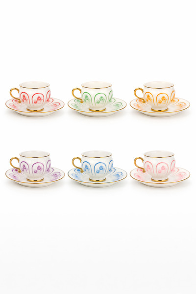 welcomein 6 Kişilik 12 Parça Porselen Kahve Fincanı Takımı – Altın Detaylı, R...