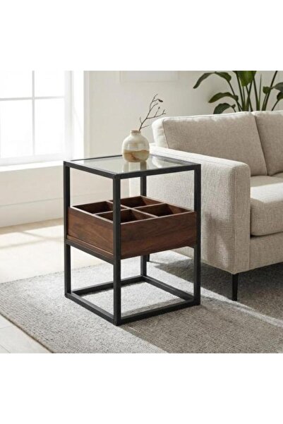 Palma homez Side Table Wood and Metal with Glass Top – Brown and Black 40×40×...