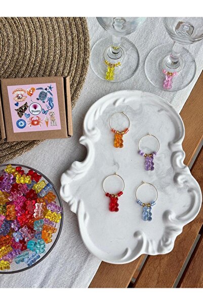 PEONY peonyofficiall Ayı Kadeh Süsü 6'lı Kadeh İşaretleyici Set Gold Renkli A...