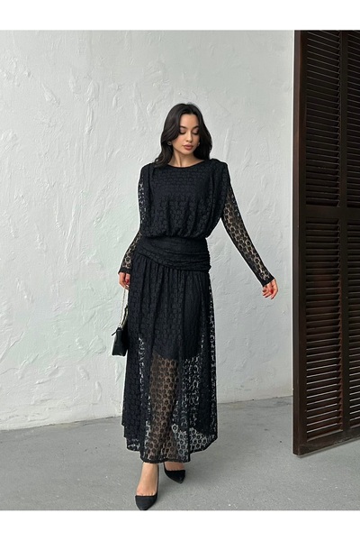 ASEDE Imported Fabric Waist Detailed Half Lined Long Sleeve Long Dress