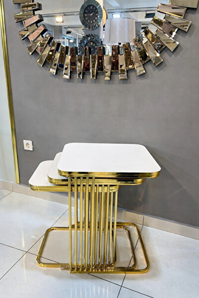 Riyes Tasarım Piyano Üçlü Zigon GOLD Kaplama 3 lü Hayglass Mdf Modern Sehpa -...