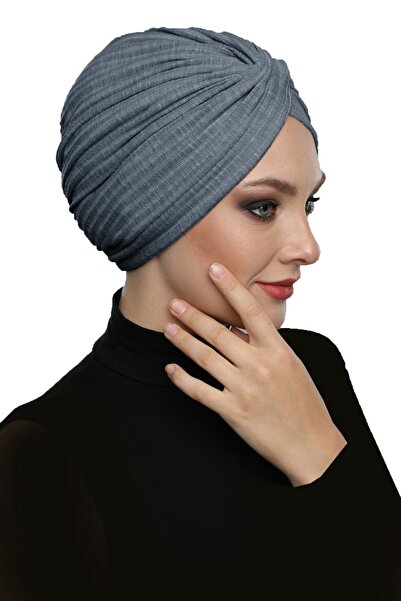 elysianfidan Crossed Combed Cotton Lined Dark Gray Ready-Made Turban Hijab Po...