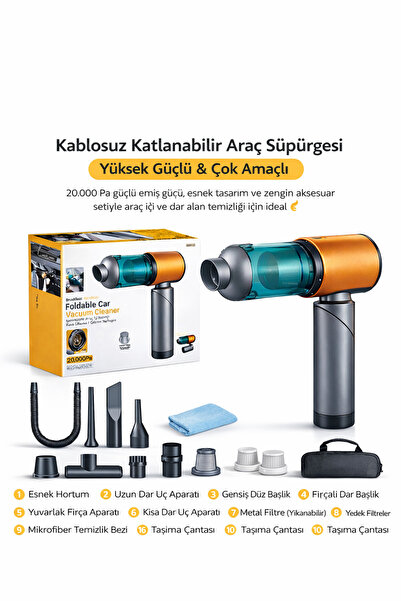TUROVE 20.000Pa Güçlü Emiş | Katlanabilir Kablosuz Araç İçi Süpürge Profesyon...