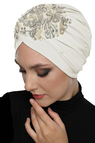 elysianfidan Kopma Lined Embroidered Cream Gray Lace Motif Ready-Made Turban ...
