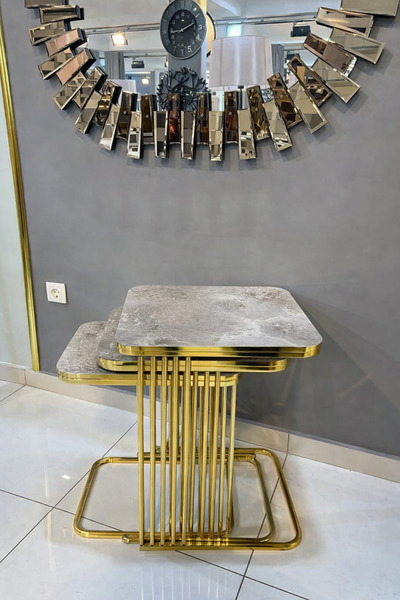 Riyes Tasarım Piyano Üçlü Zigon GOLD Kaplama 3 lü Hayglass Mdf Modern Sehpa -...