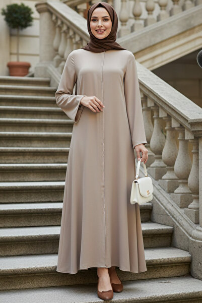 N.S NEVA STYLE Zippered Beige Hijab Abaya 85107Bej