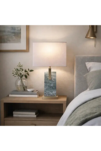 Palma homez Table Lamp - Marble Base and Silver Details - Blue Fabric Shade