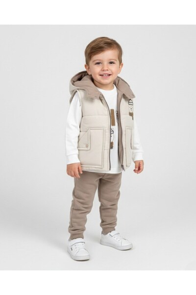 Ege Bebek Erkek Çocuk 1-2-3-4 Yaş Mevsimlik Şişme Yelekli, 3 Parça Şık Bayram...