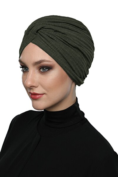 elysianfidan Crossed Combed Cotton Lined Khaki Ready-Made Turban Hijab Pool C...