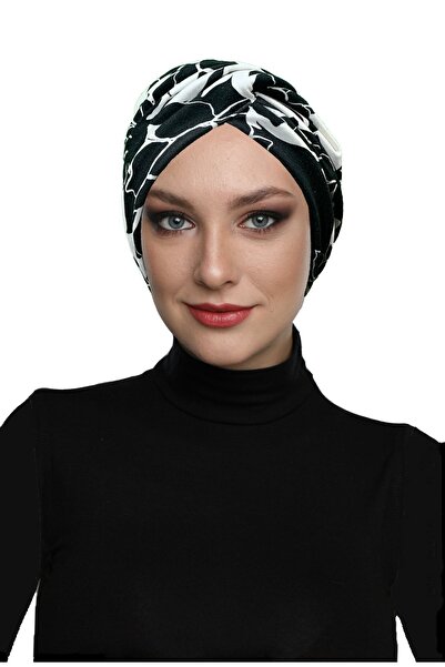 elysianfidan Patterned Cross-Cotton Black Floral Motif Ready-Made Turban Hija...