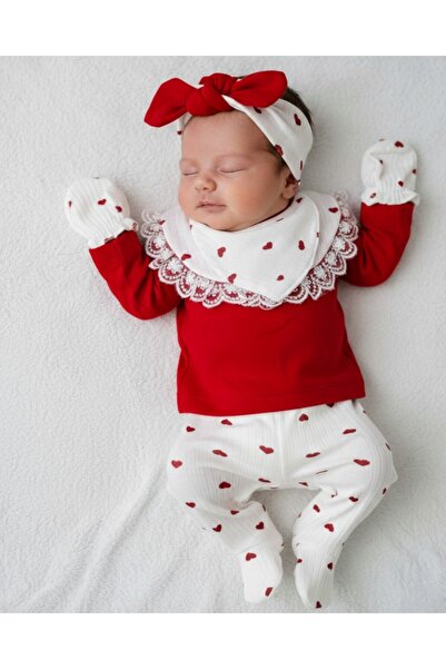 Egelite Kız Bebek 5'li Kalp Desenli, Hastane Çıkışı Zıbın Seti %100 Pamuklu Y...