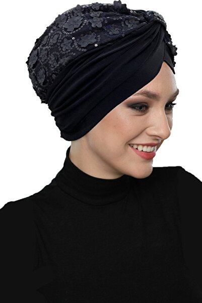 elysianfidan Özel Tasarım Siyah Pullu-dantel Çiçek Motifli Astarlı Hazır Türb...