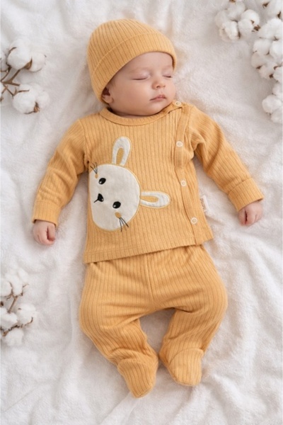 Pure Boutique Unisex newborn set 3 pieces cotton mustard blouse bunny pants d...
