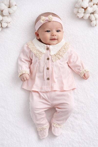 Pure Boutique Set nou nascut fetita 3 piese roz bumbac elegant bluza cu dante...