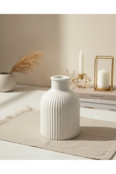 Silver Minimalist Çizgili Seramik Vazo - Bohem Dekoratif Çiçek Vazosu - Krem/...