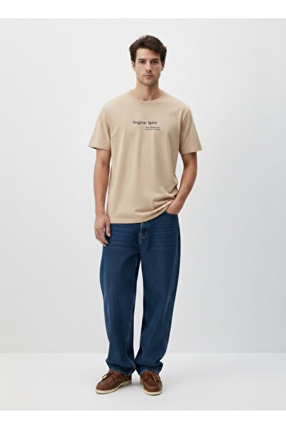 Ltb Short Sleeve Crew Neck Slogan Printed Beige T-Shirt