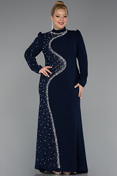 Abiyefon Lacivert Uzun Kol Boncuklu Büyük Beden Tesettür Abiye ABU5413